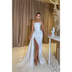 Sheath Strapless Satin Pleated Beads Long Prom Dress with Slit