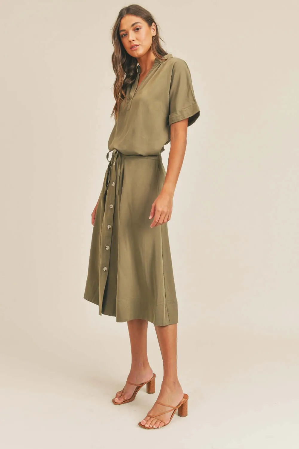 Short Sleeve Top and Button Down Midi Skirt Set
