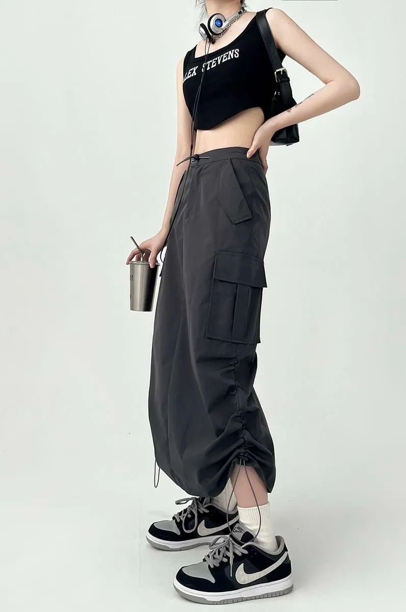 Side Ruched Parachute Cargo Midi Skirt