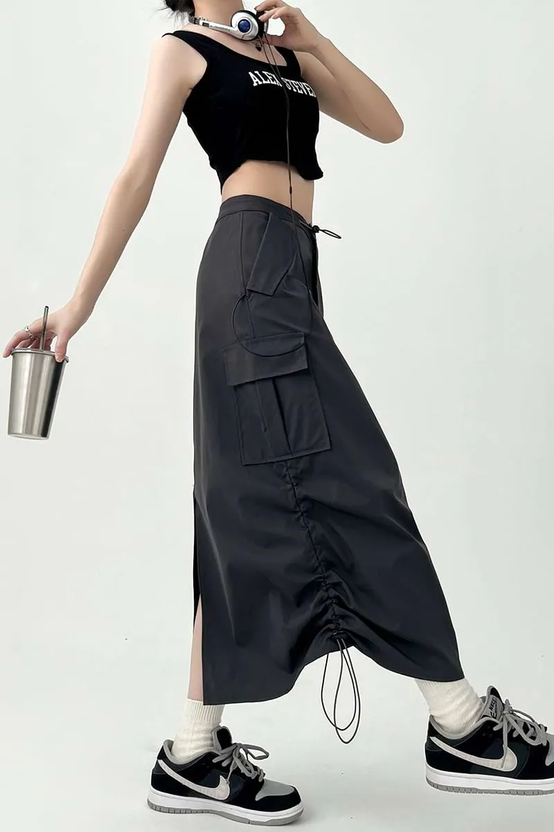 Side Ruched Parachute Cargo Midi Skirt