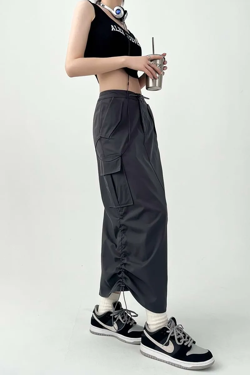 Side Ruched Parachute Cargo Midi Skirt