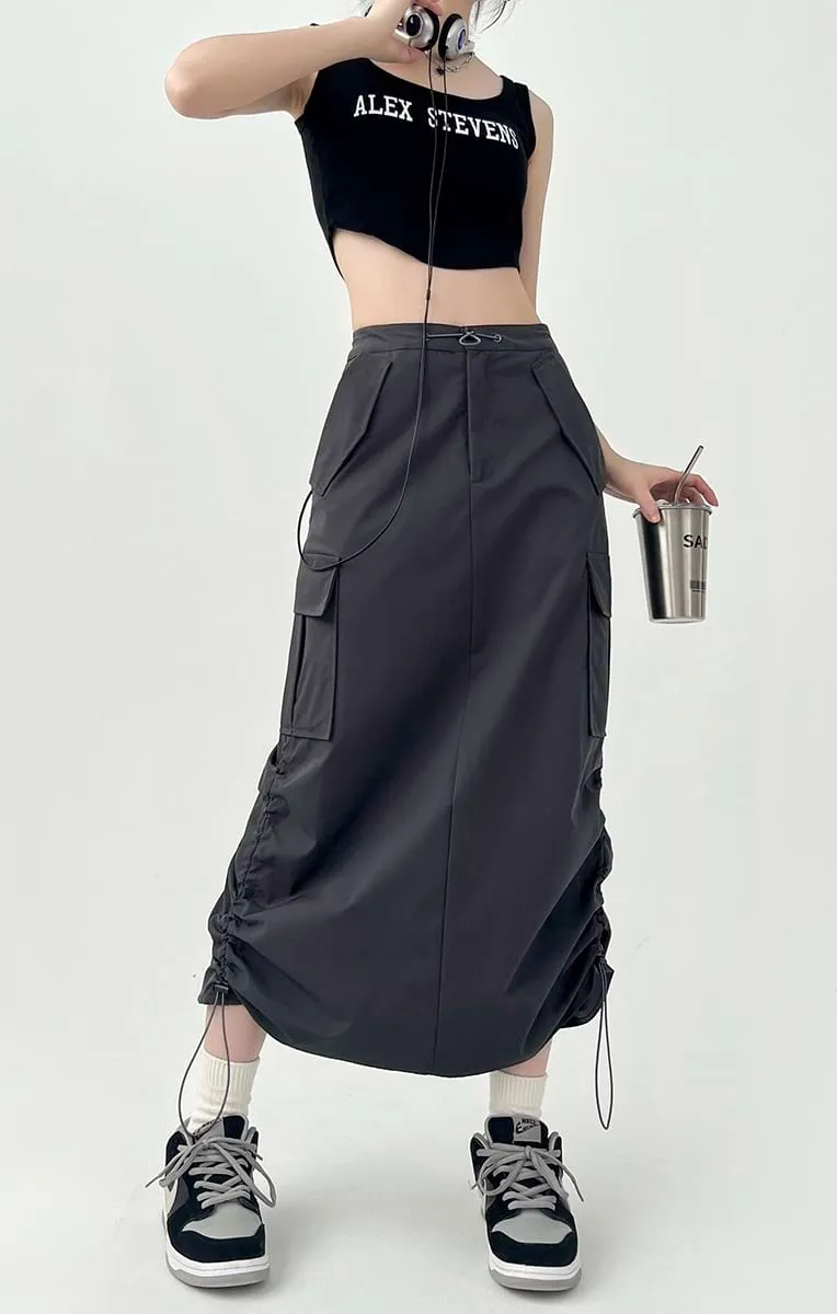 Side Ruched Parachute Cargo Midi Skirt