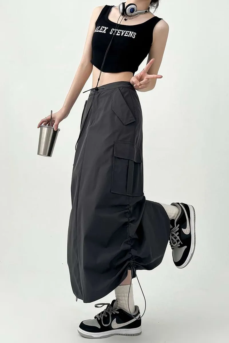Side Ruched Parachute Cargo Midi Skirt