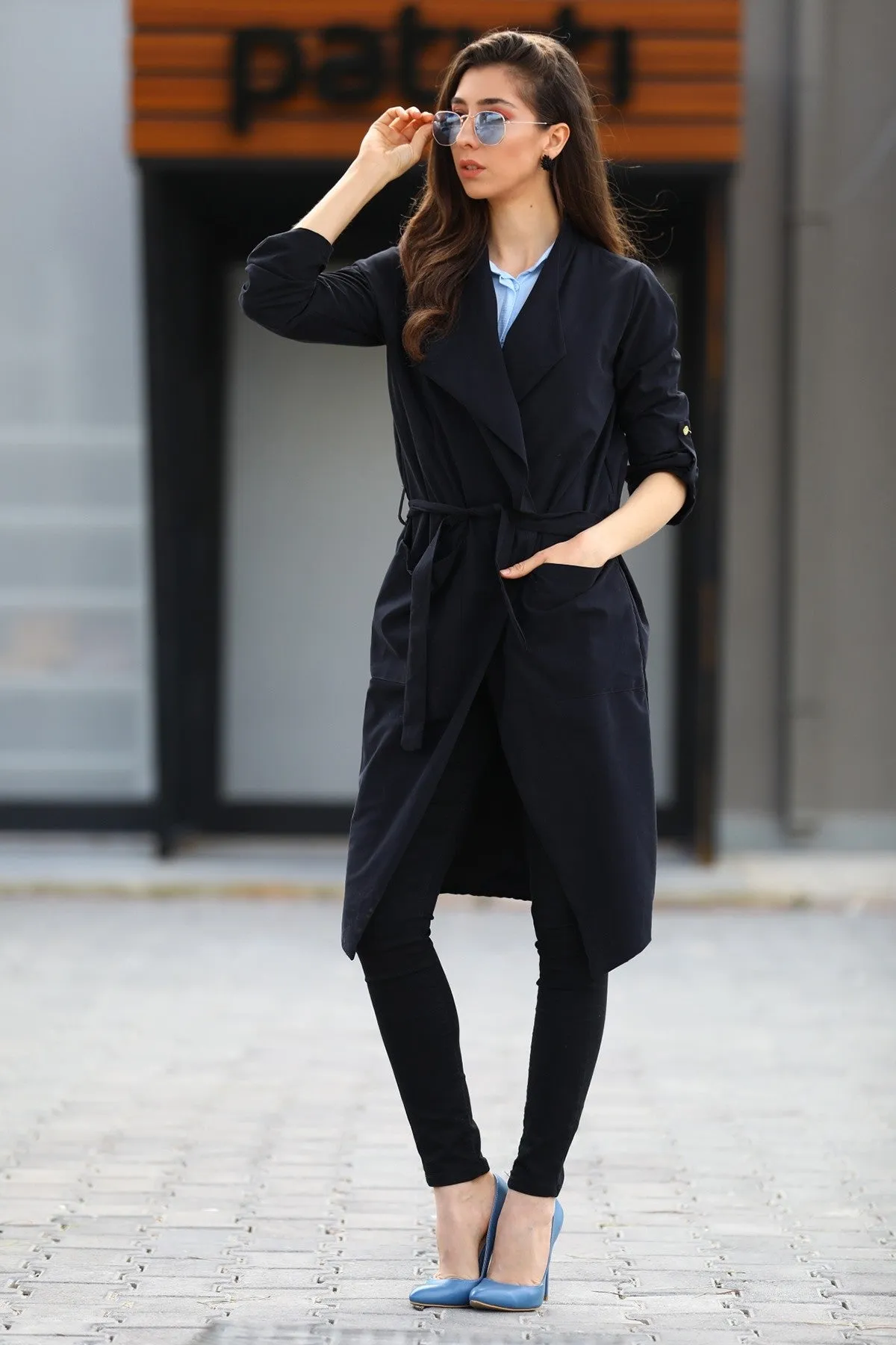 Sidiou Group Pocketed Long Black Kimono Jacket