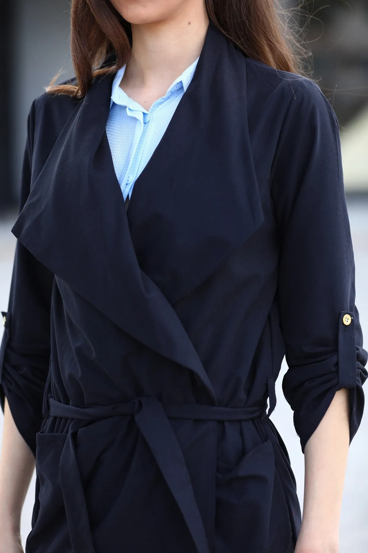 Sidiou Group Pocketed Long Black Kimono Jacket