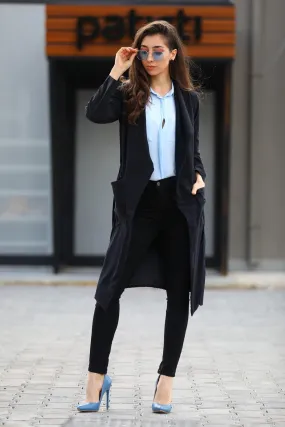 Sidiou Group Pocketed Long Black Kimono Jacket