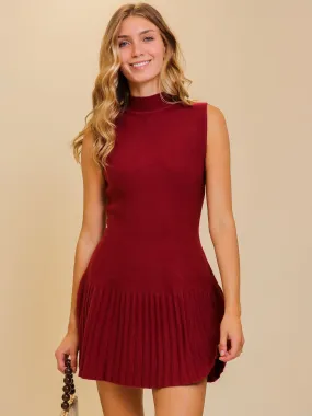 Sleeveless Mock Neck Pleated Sweater Dress