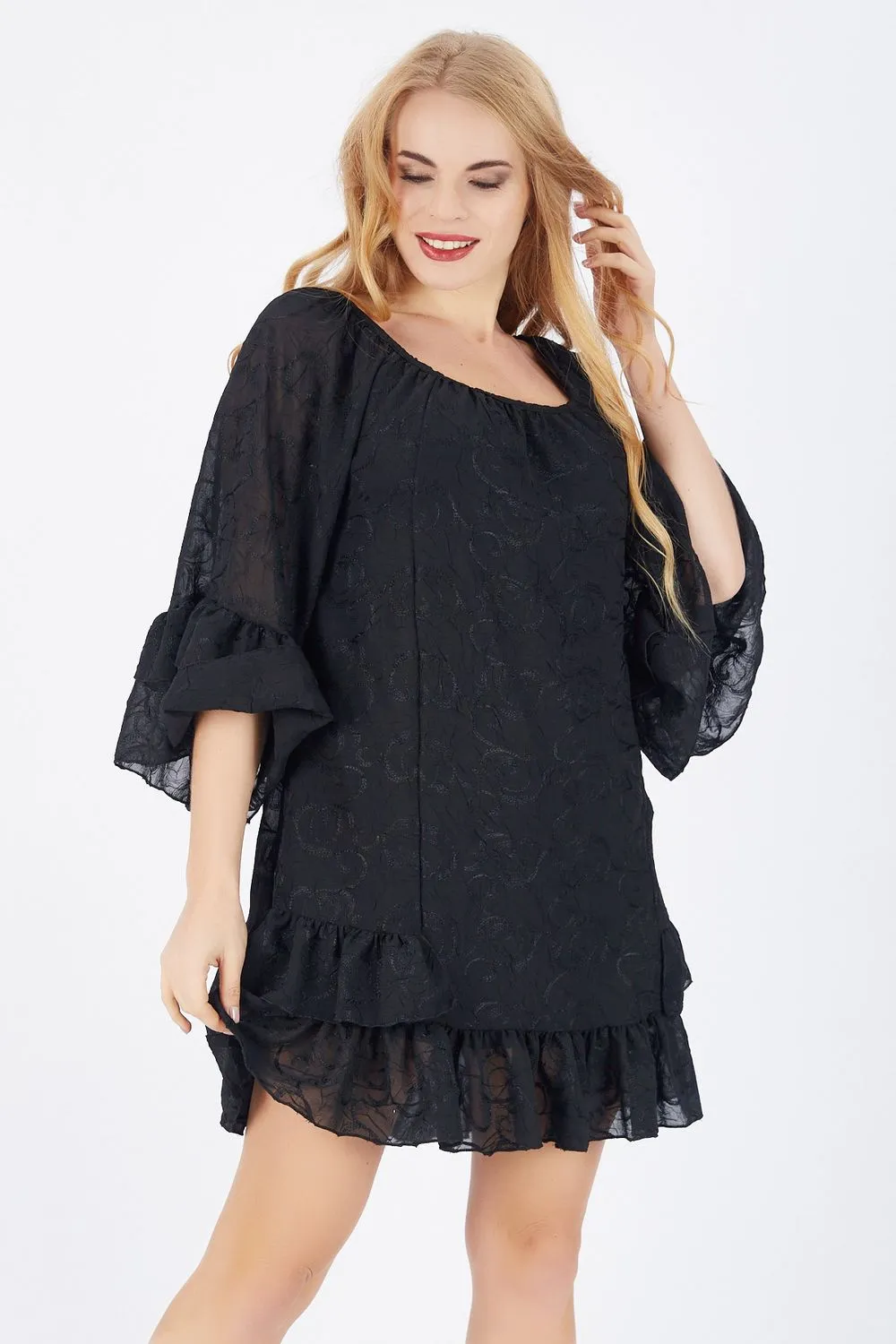 SNS Sense Black Skirt Tip 2 Layers Sleeves 2 Layers Lined Chiffon Dress - Solingen