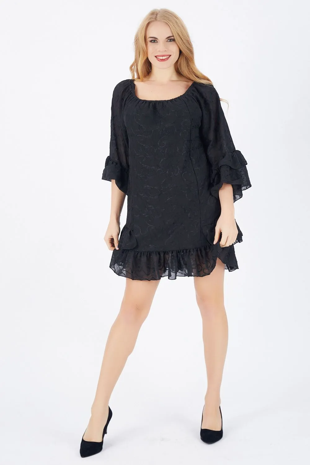 SNS Sense Black Skirt Tip 2 Layers Sleeves 2 Layers Lined Chiffon Dress - Solingen