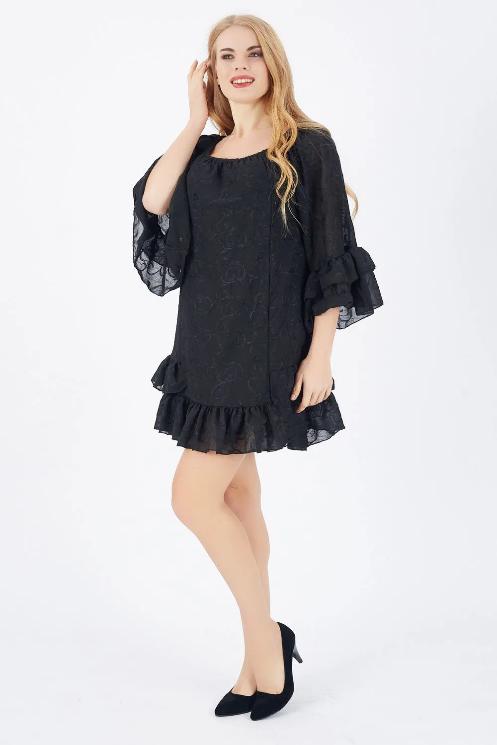 SNS Sense Black Skirt Tip 2 Layers Sleeves 2 Layers Lined Chiffon Dress - Solingen