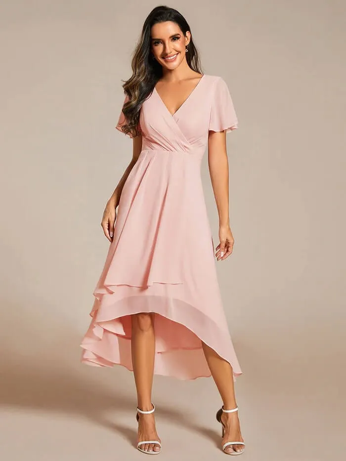 Solid Color V-Neck Ruffle Mid-Length Dress