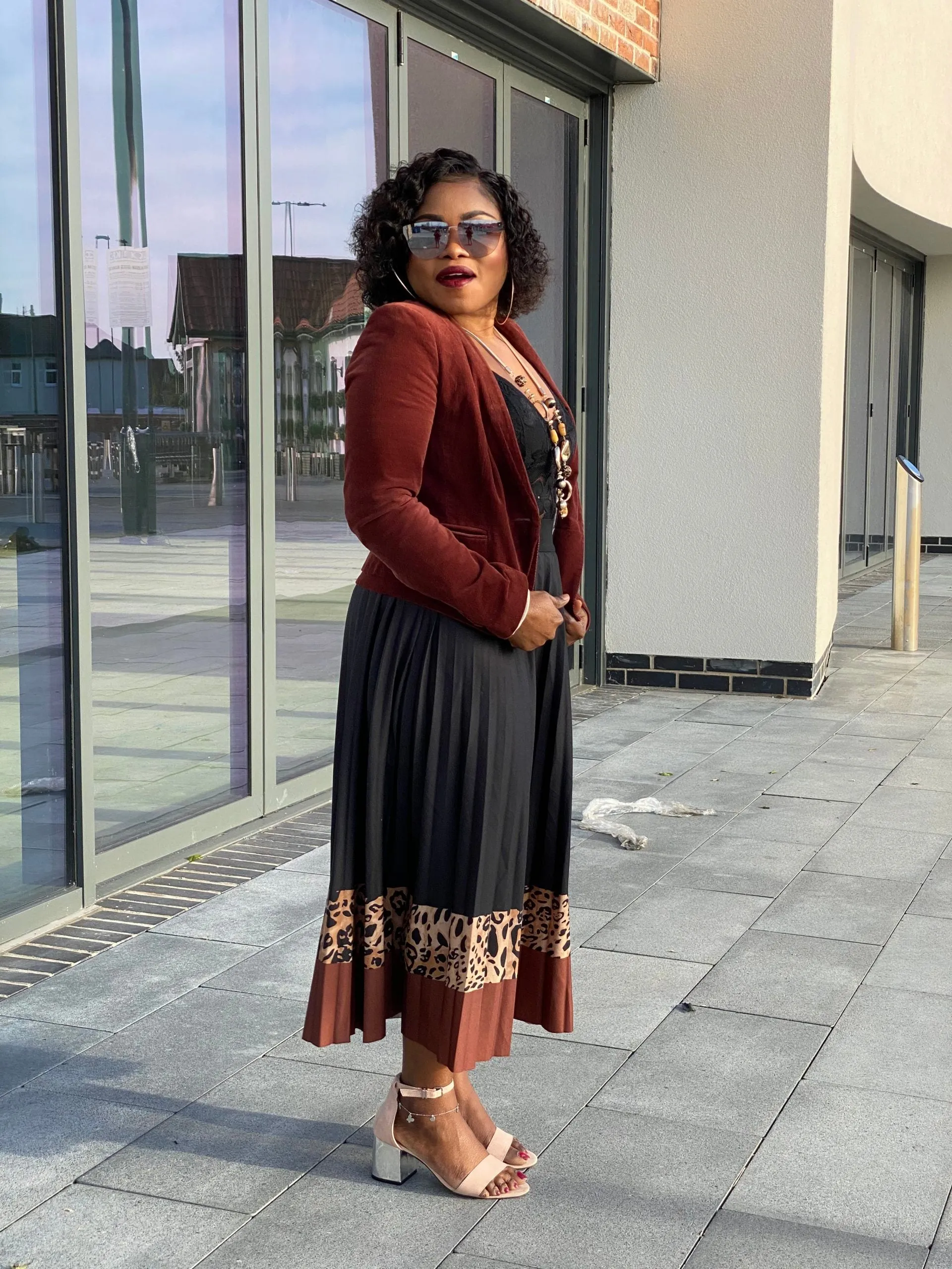 Tan Leopard Print High Waist Pleated Midi Skirt