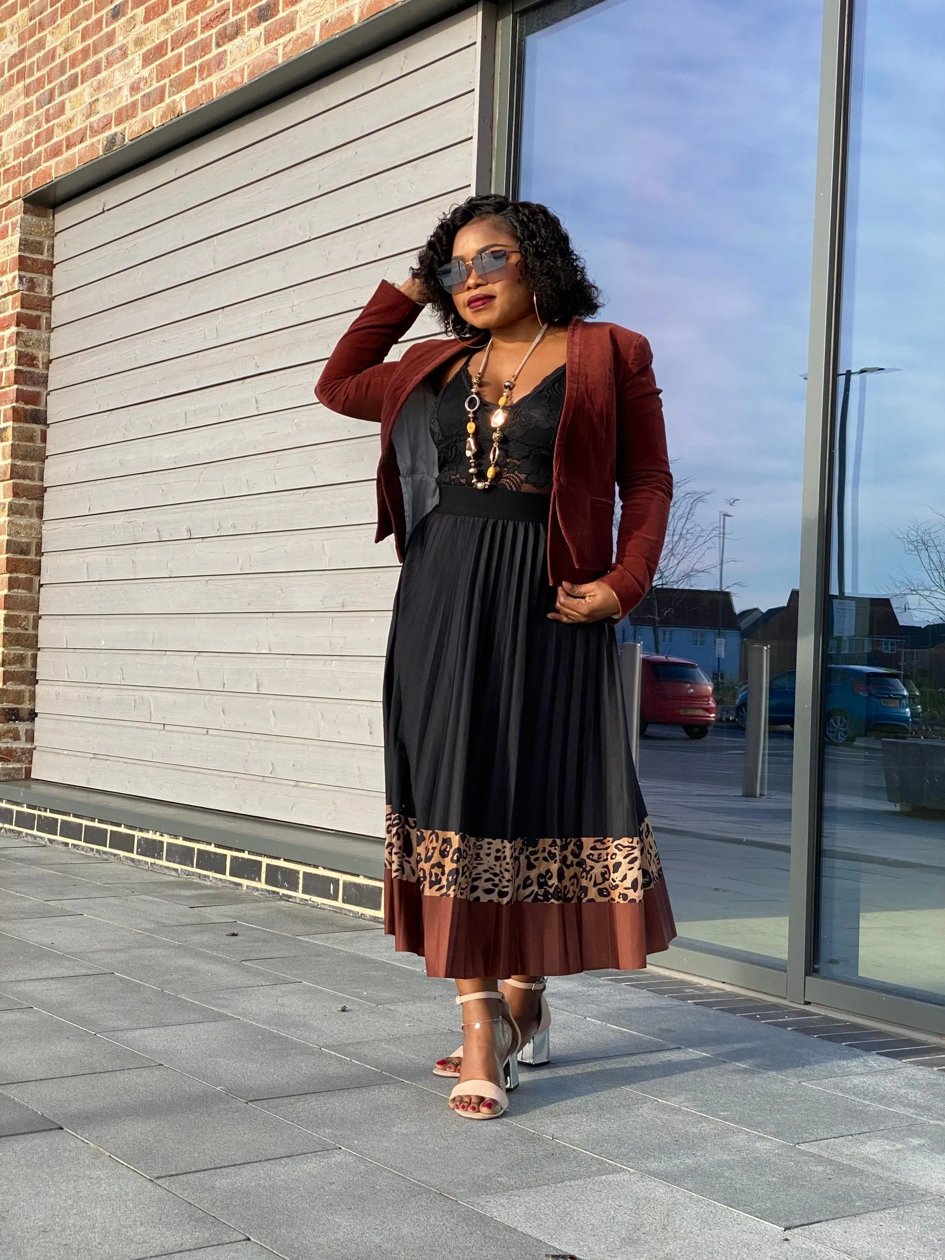 Tan Leopard Print High Waist Pleated Midi Skirt