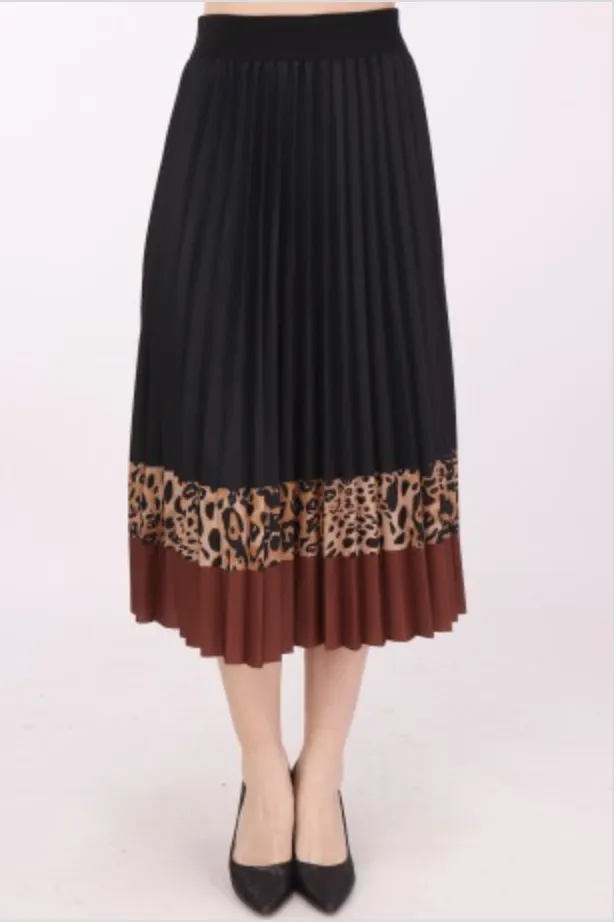 Tan Leopard Print High Waist Pleated Midi Skirt