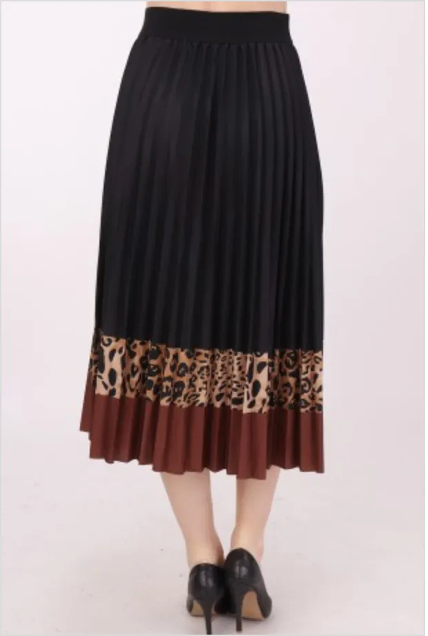 Tan Leopard Print High Waist Pleated Midi Skirt
