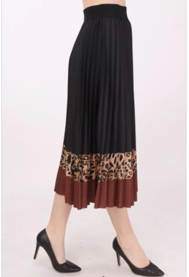 Tan Leopard Print High Waist Pleated Midi Skirt