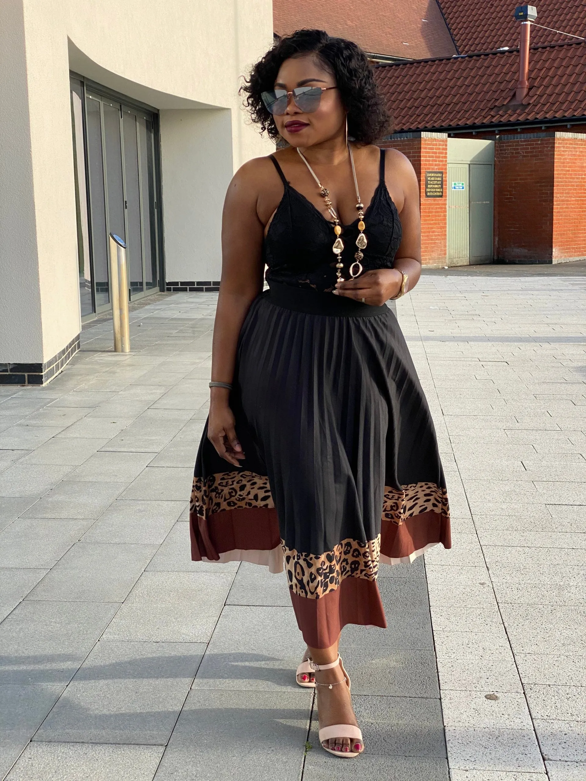 Tan Leopard Print High Waist Pleated Midi Skirt