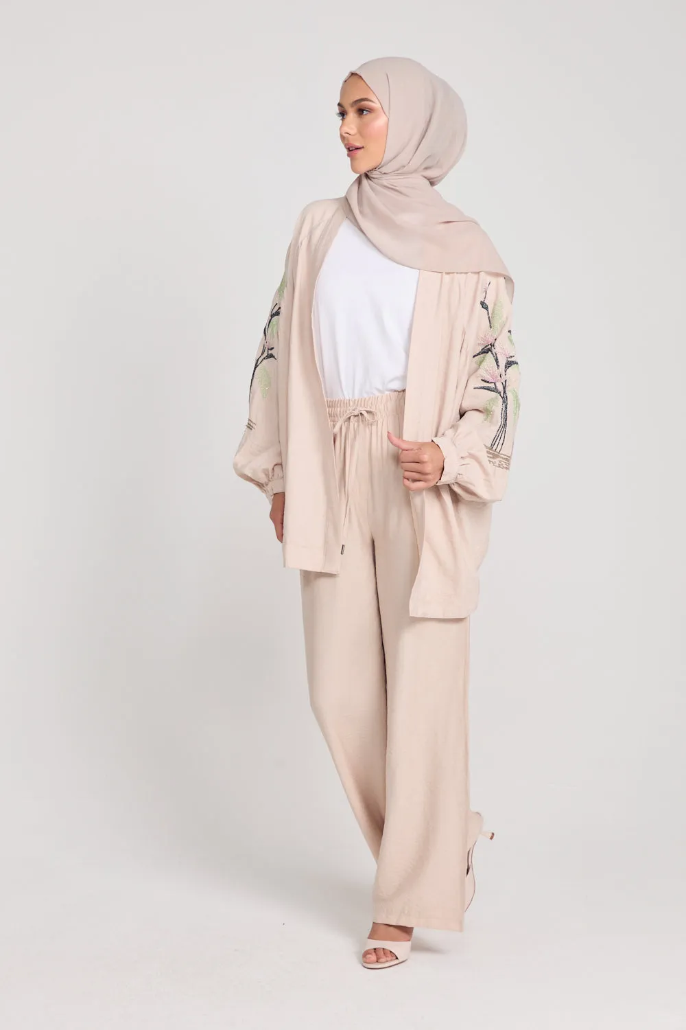 Tropical Floral Embroidered Co-Ord Set - Nude