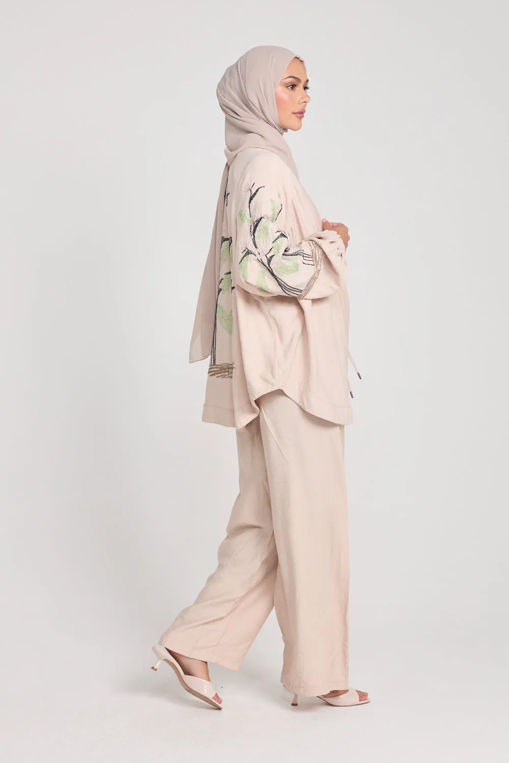 Tropical Floral Embroidered Co-Ord Set - Nude
