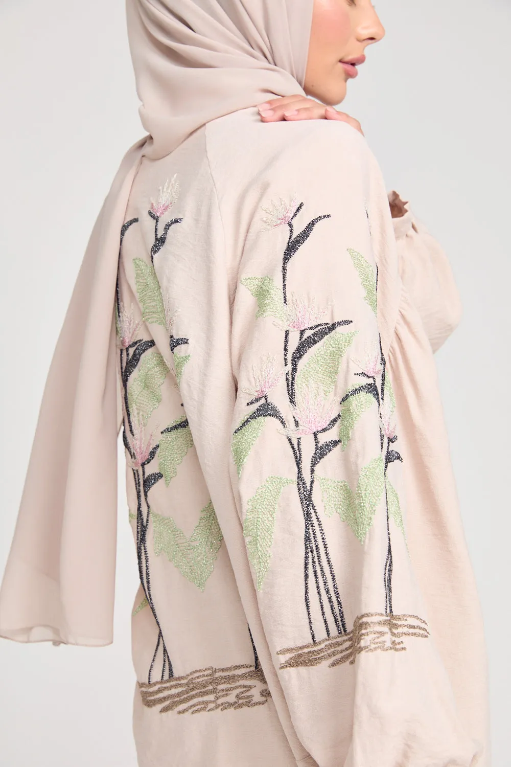 Tropical Floral Embroidered Co-Ord Set - Nude
