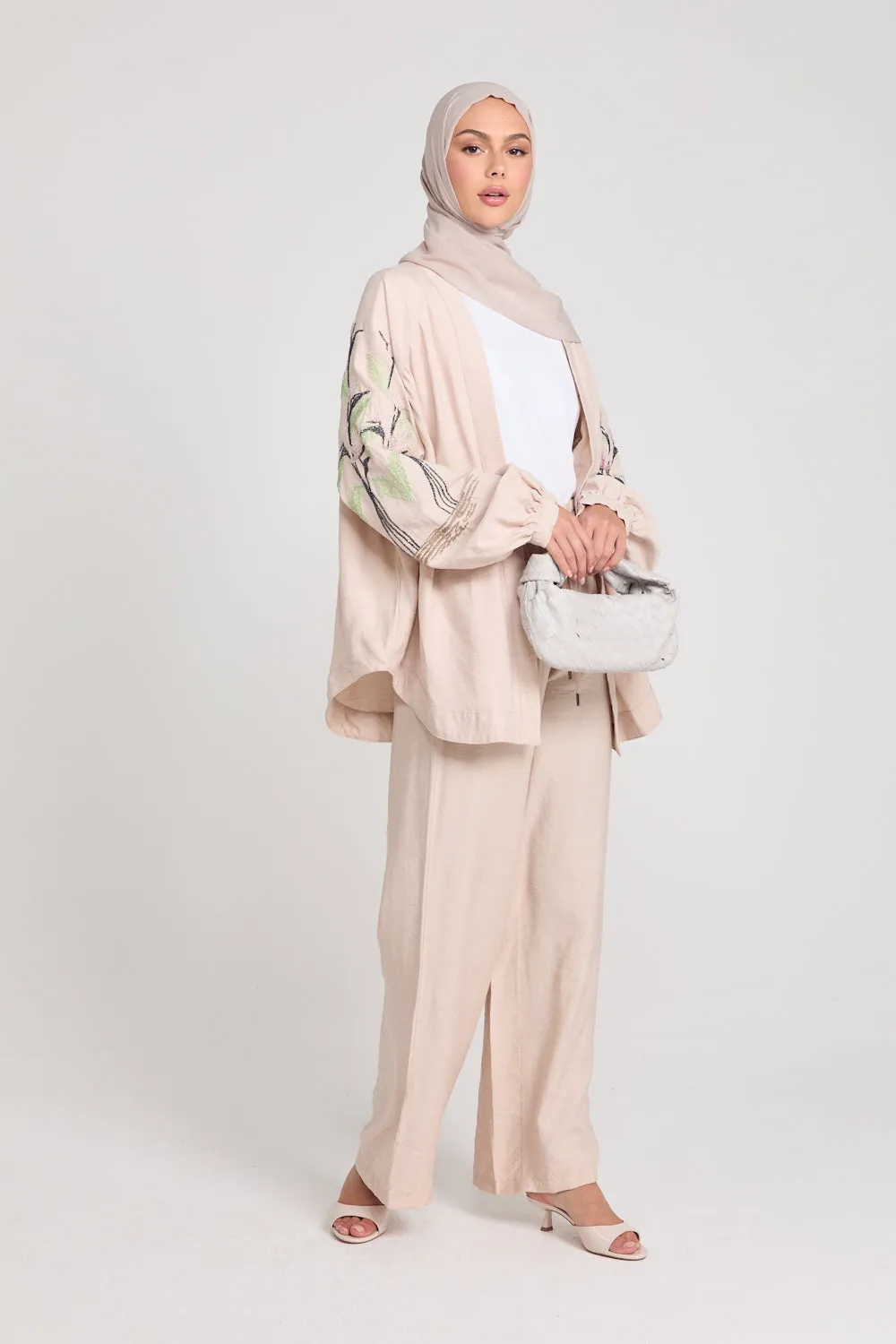 Tropical Floral Embroidered Co-Ord Set - Nude