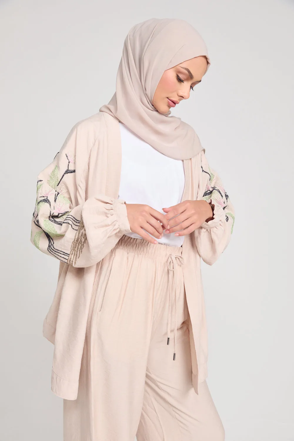 Tropical Floral Embroidered Co-Ord Set - Nude