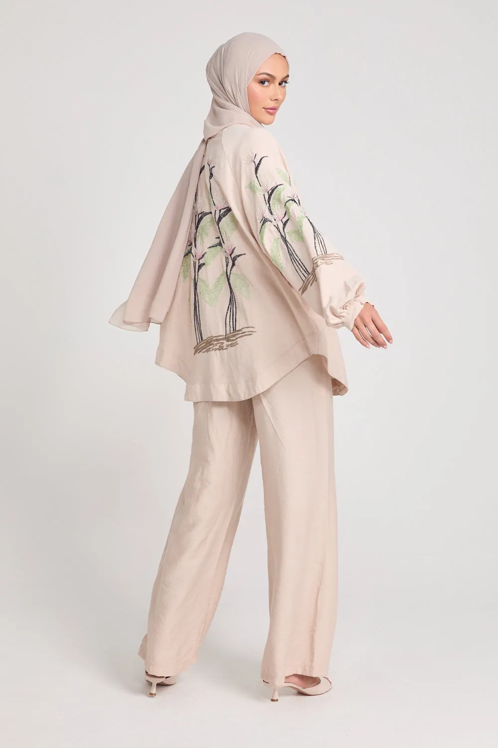 Tropical Floral Embroidered Co-Ord Set - Nude