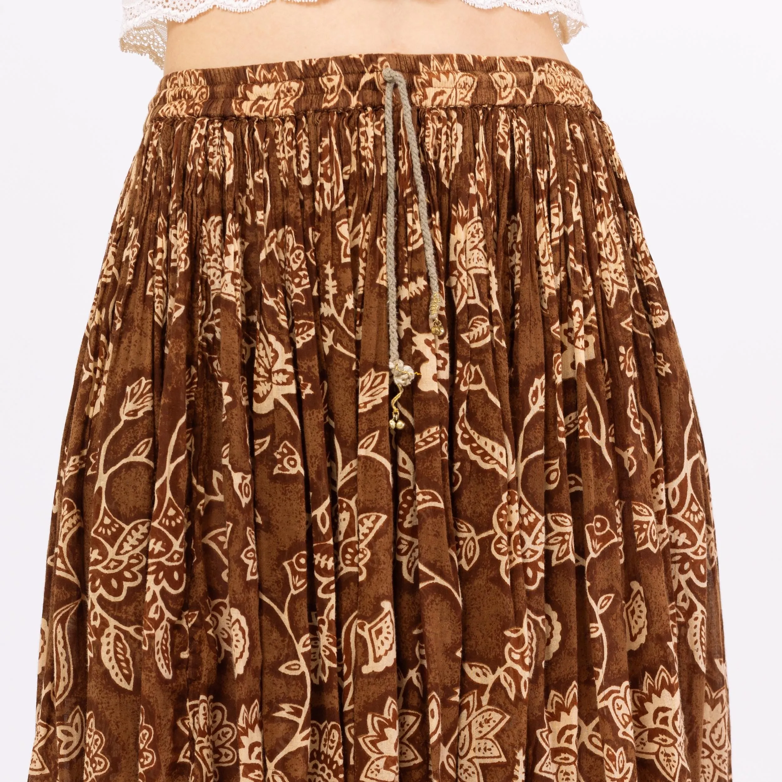 Vintage 90s Boho Brown Floral Midi Broomstick Skirt – Medium