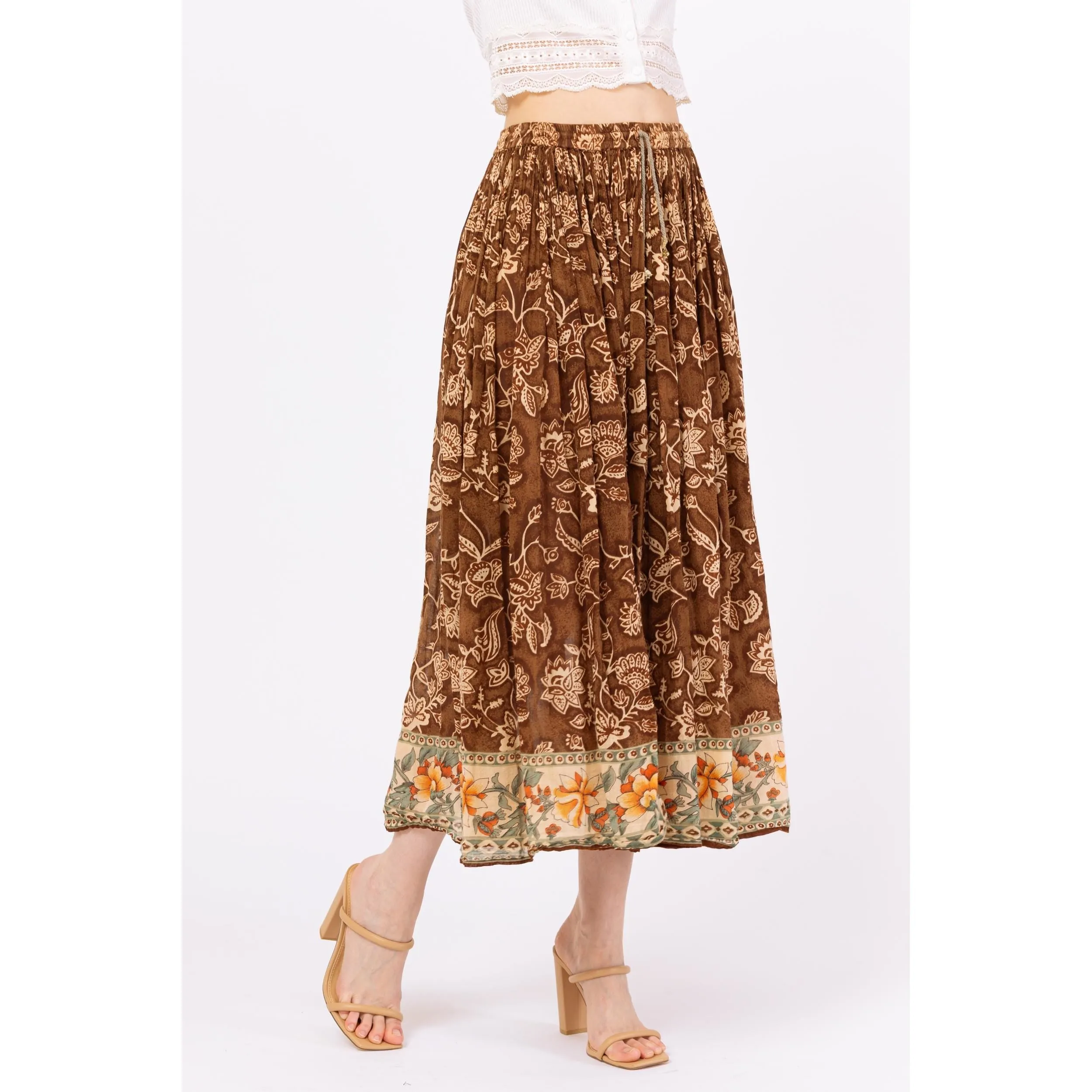 Vintage 90s Boho Brown Floral Midi Broomstick Skirt – Medium