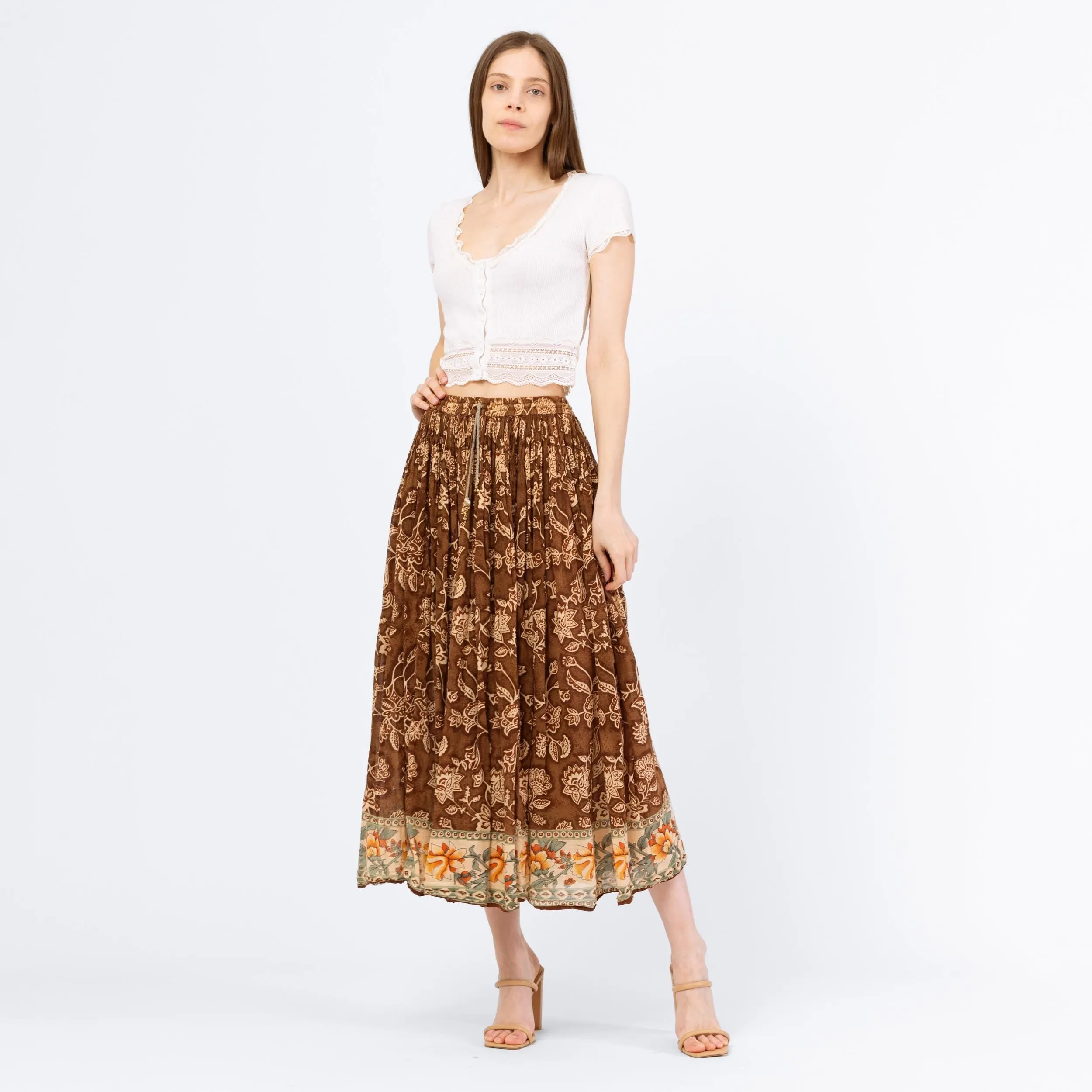 Vintage 90s Boho Brown Floral Midi Broomstick Skirt – Medium