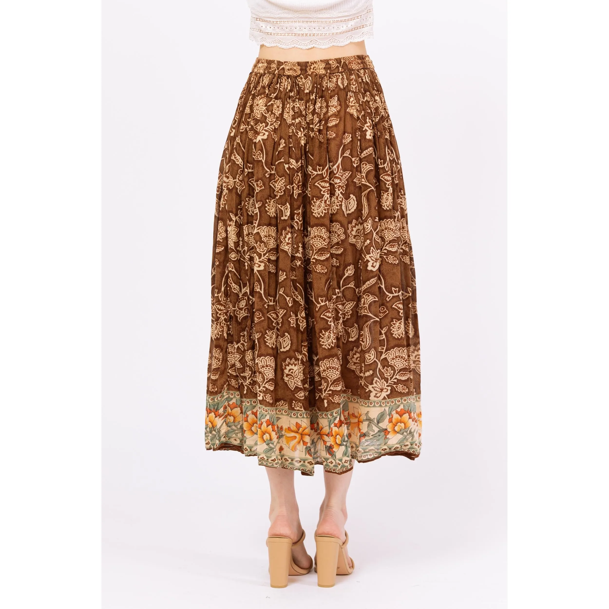 Vintage 90s Boho Brown Floral Midi Broomstick Skirt – Medium