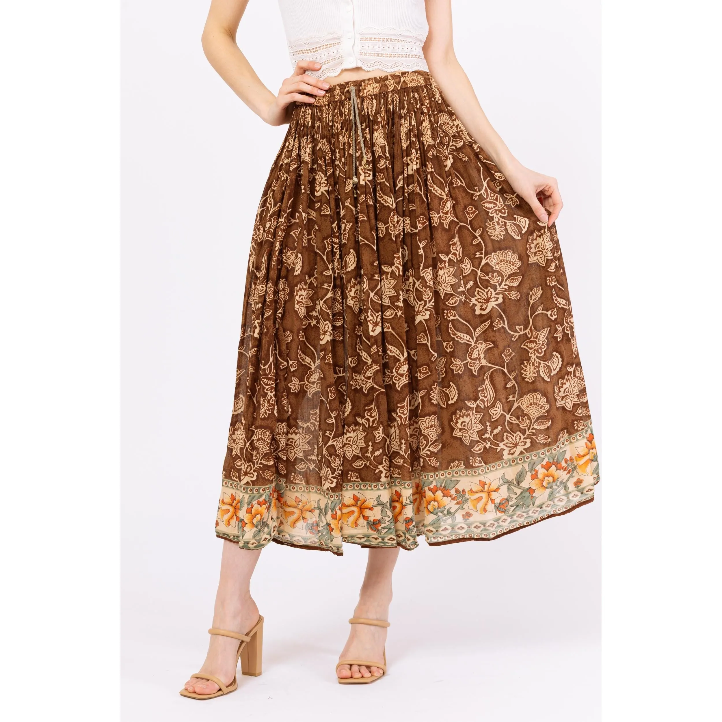 Vintage 90s Boho Brown Floral Midi Broomstick Skirt – Medium