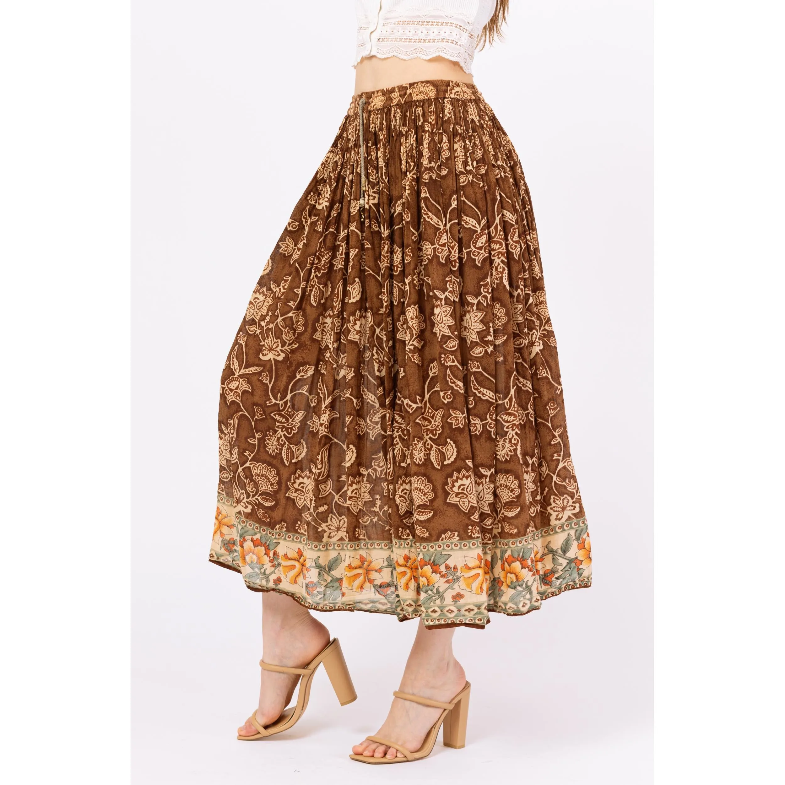 Vintage 90s Boho Brown Floral Midi Broomstick Skirt – Medium