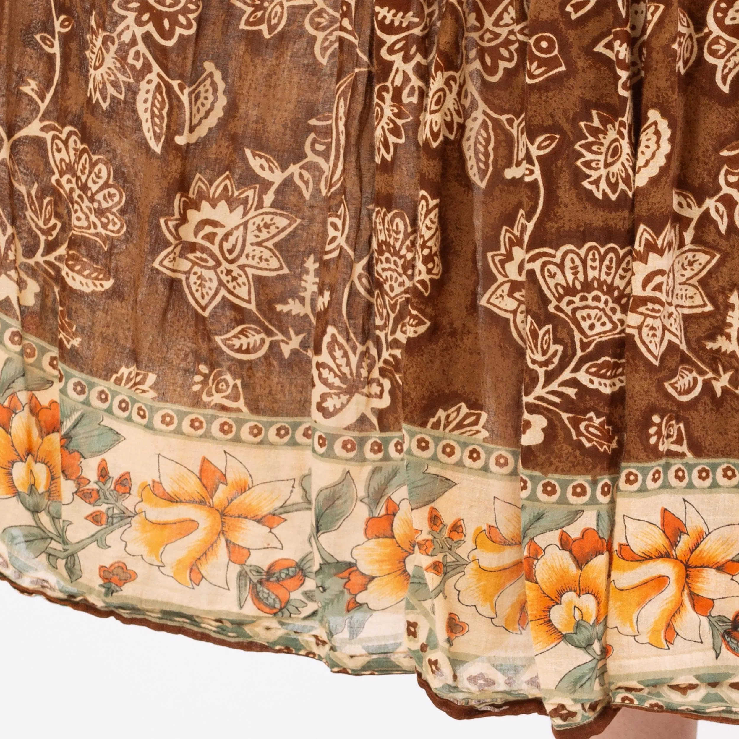 Vintage 90s Boho Brown Floral Midi Broomstick Skirt – Medium