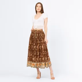 Vintage 90s Boho Brown Floral Midi Broomstick Skirt – Medium