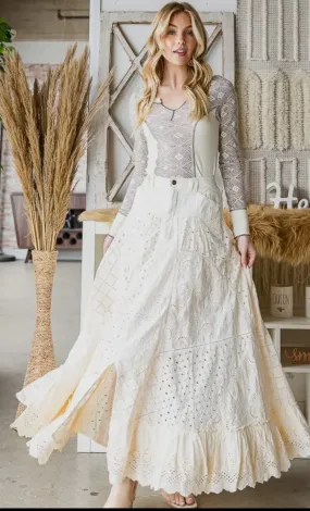 Washed Eyelet Mixed Maxi Skirt