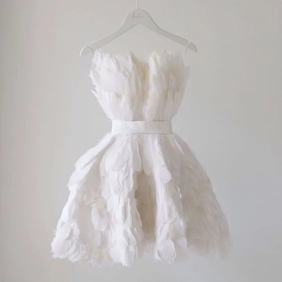 WHITE FEATHER SHORT PROM DRESS, GRADUATION HOMECOMING DRESSES    fg1312