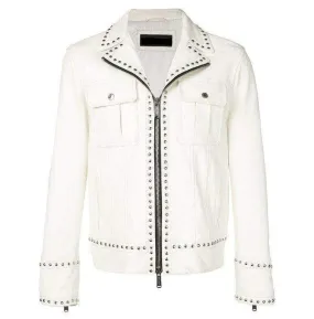 White Studded Leather Jacket Motorcycle Fashion Leather Jacket