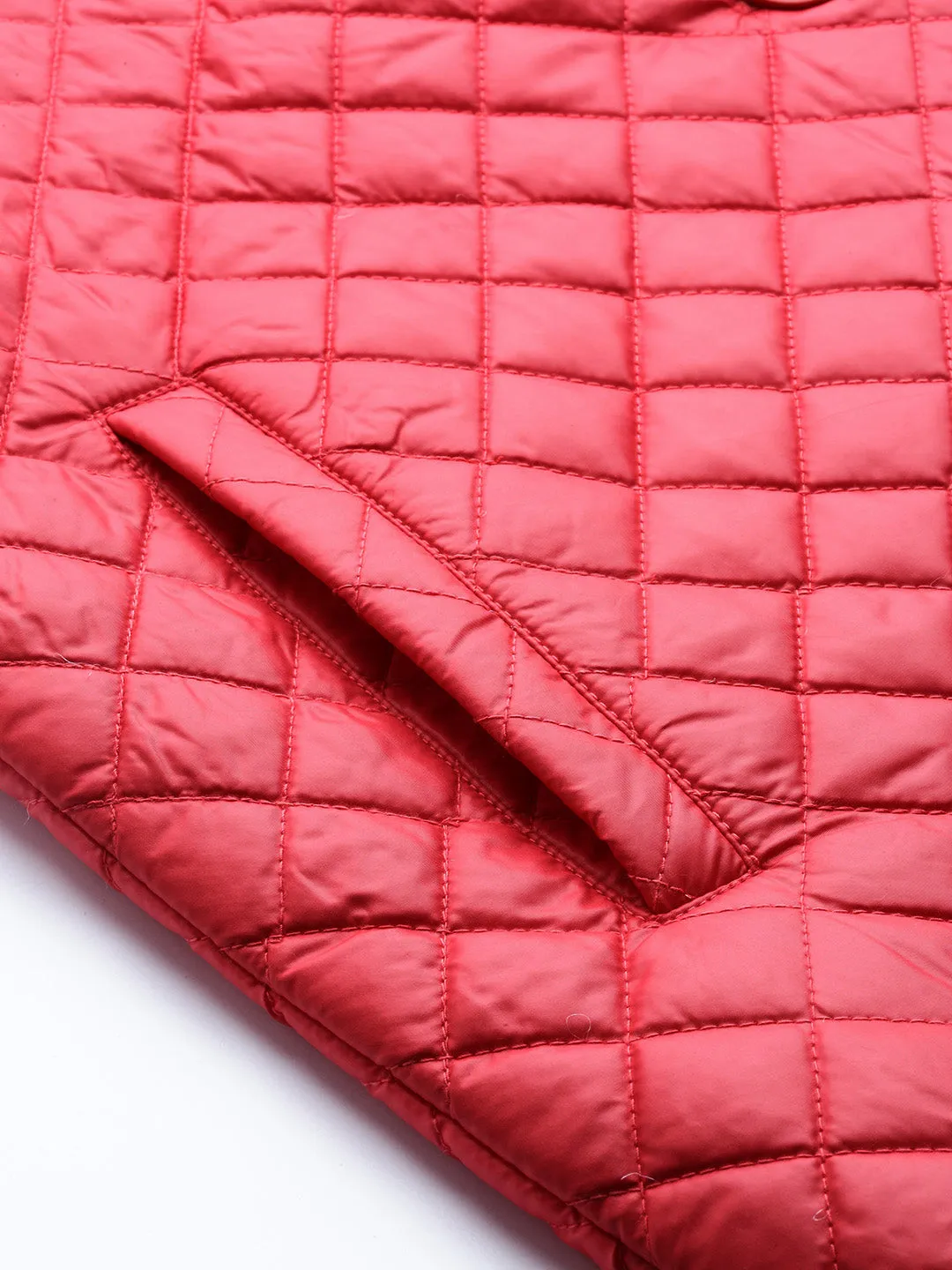 Women Red Collared Quilted Puffer Jacket