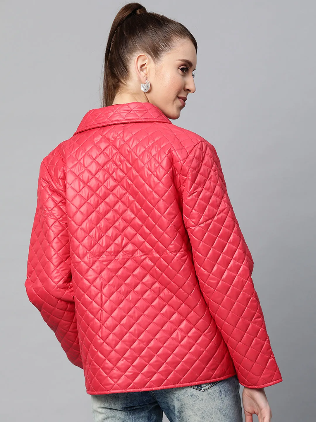 Women Red Collared Quilted Puffer Jacket