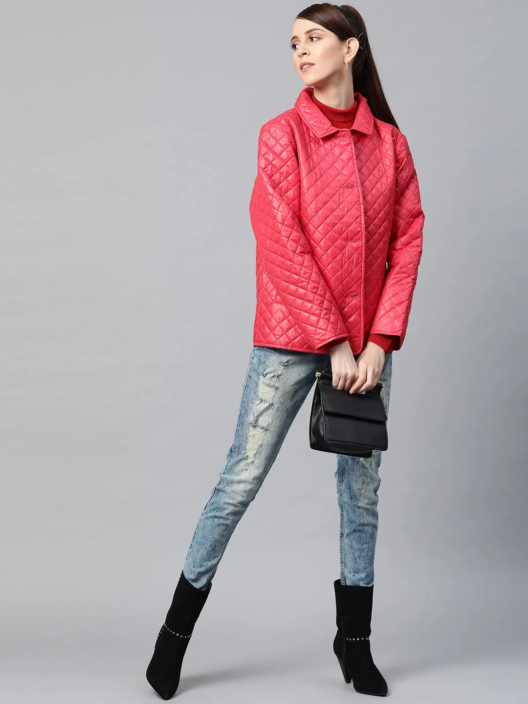 Women Red Collared Quilted Puffer Jacket