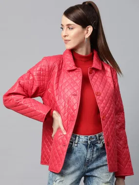 Women Red Collared Quilted Puffer Jacket