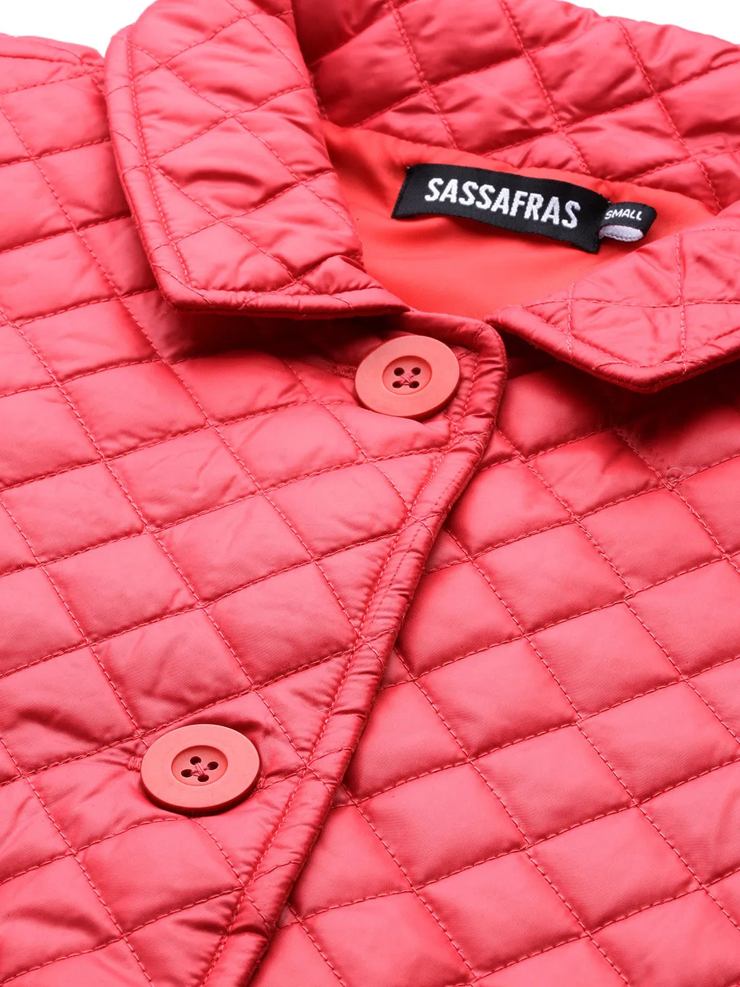 Women Red Collared Quilted Puffer Jacket