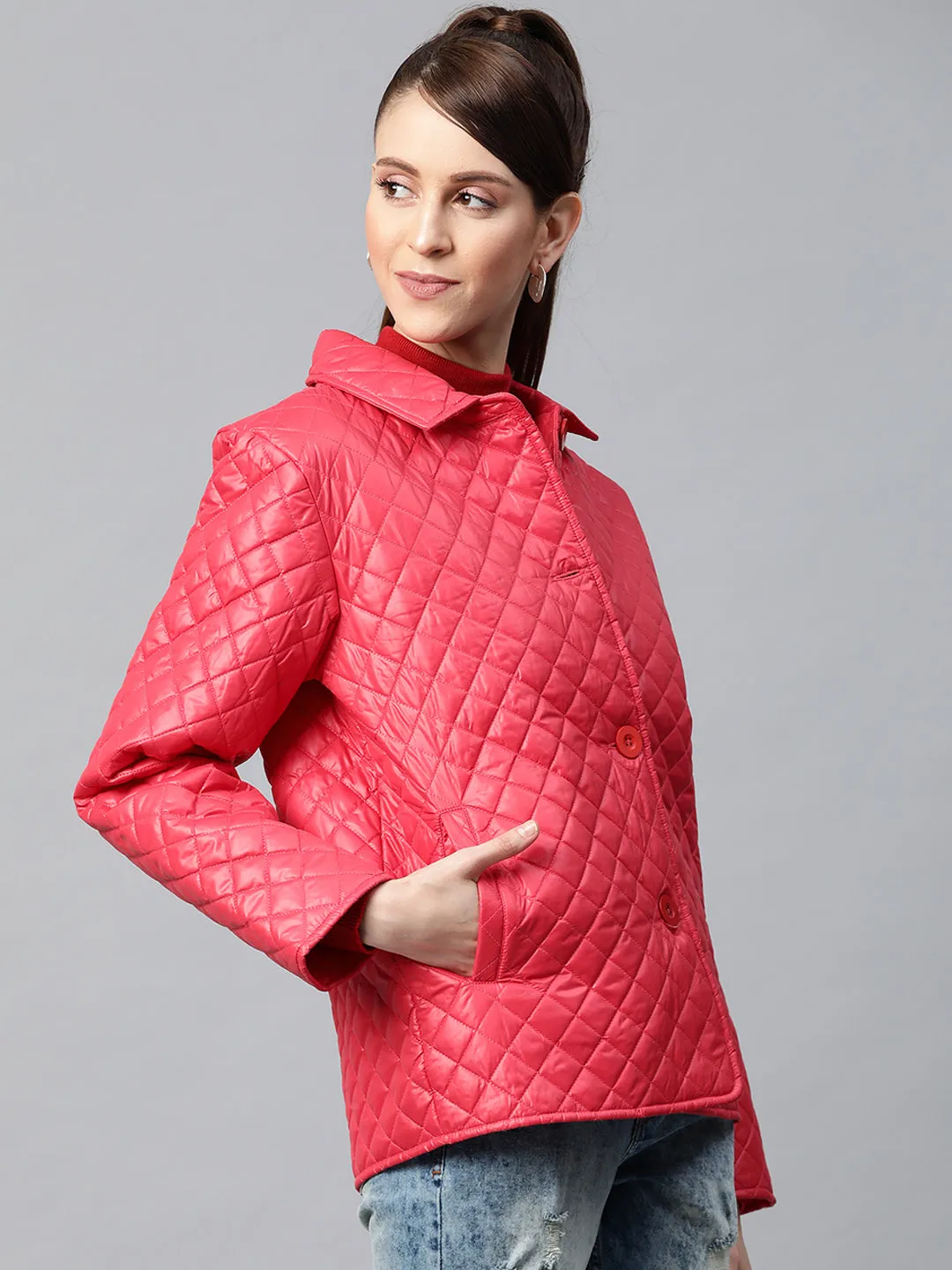 Women Red Collared Quilted Puffer Jacket