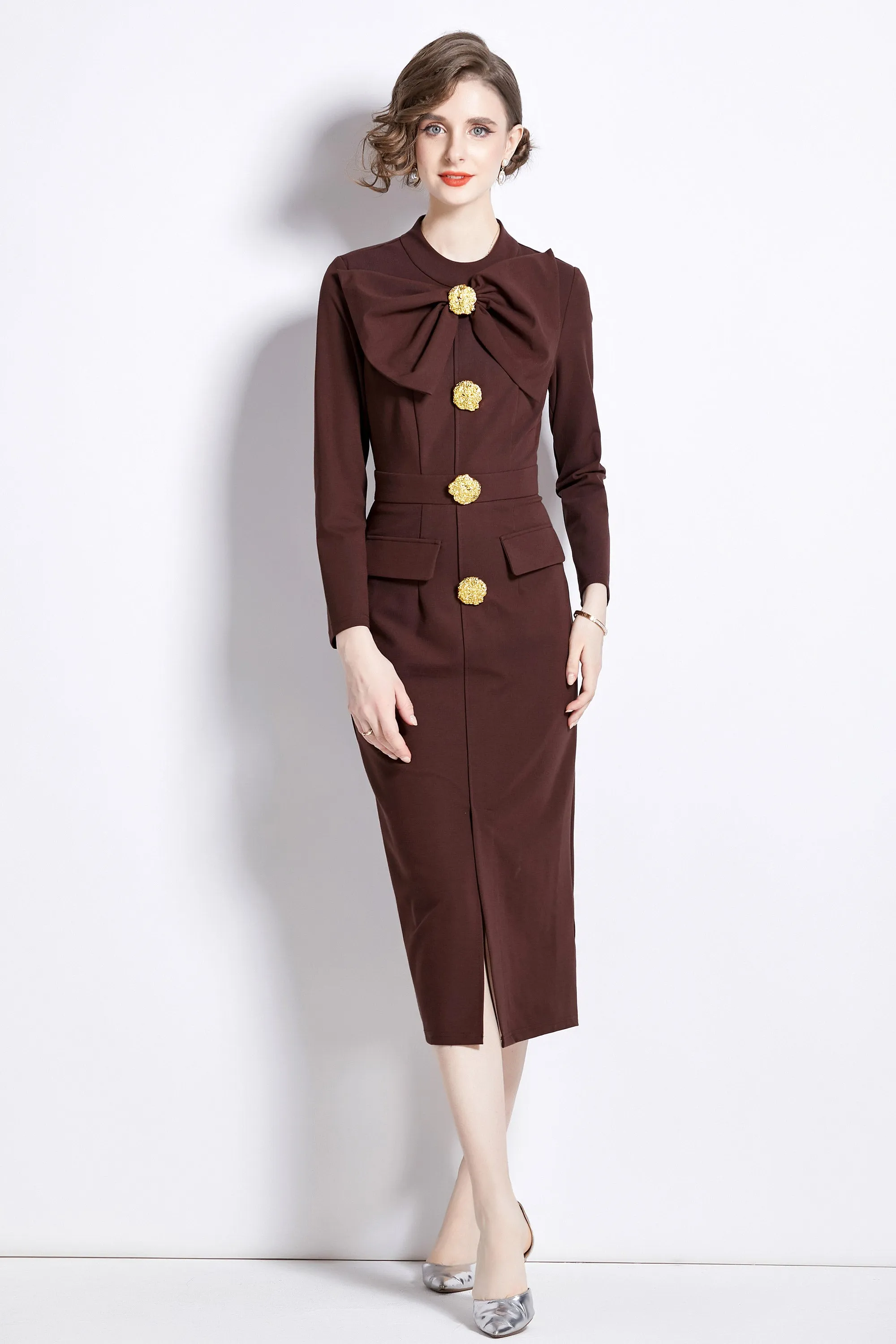women's butterfly knot Long sleeve button split hem dress with pocket