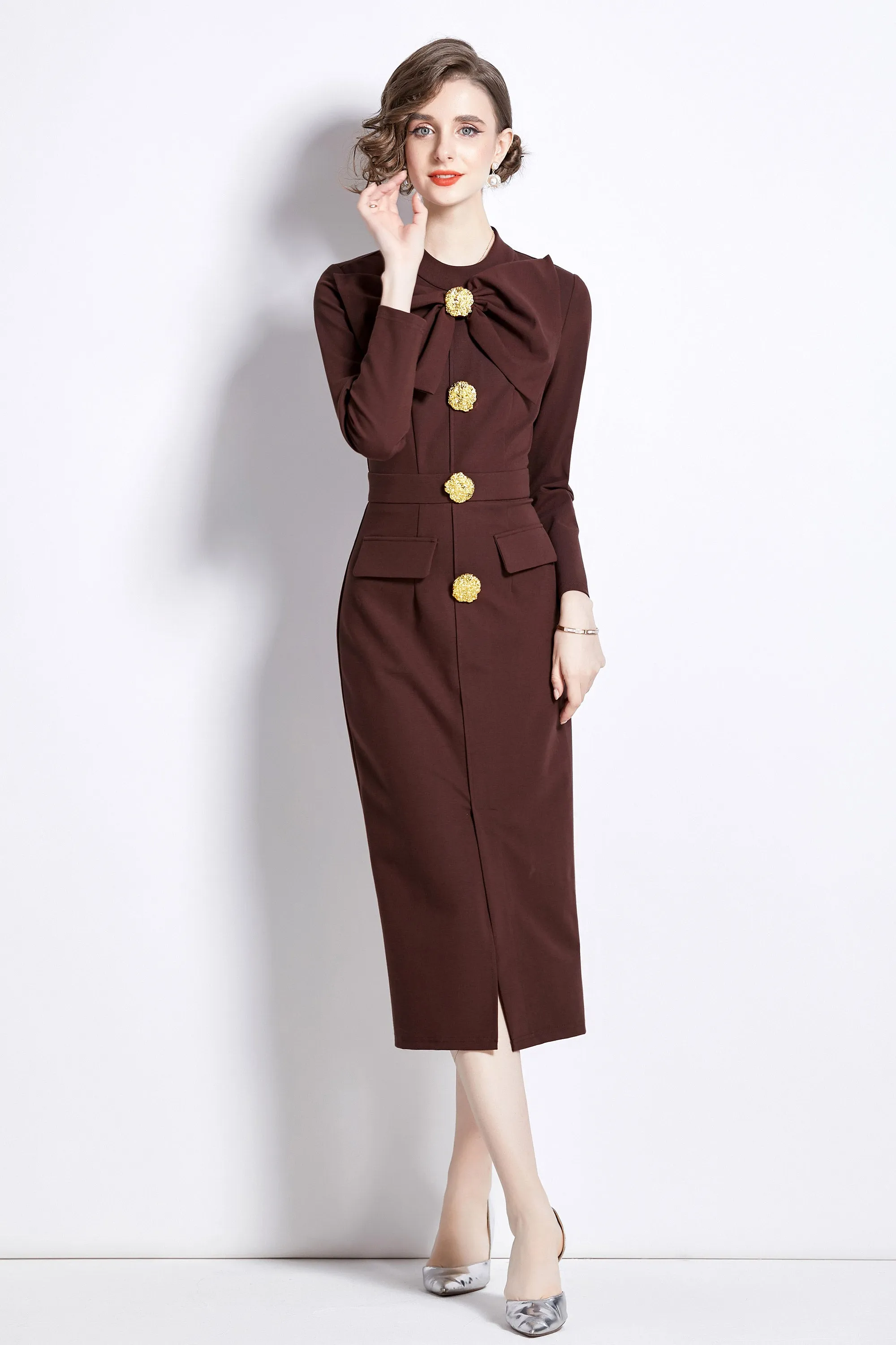 women's butterfly knot Long sleeve button split hem dress with pocket