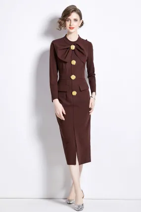 women's butterfly knot Long sleeve button split hem dress with pocket