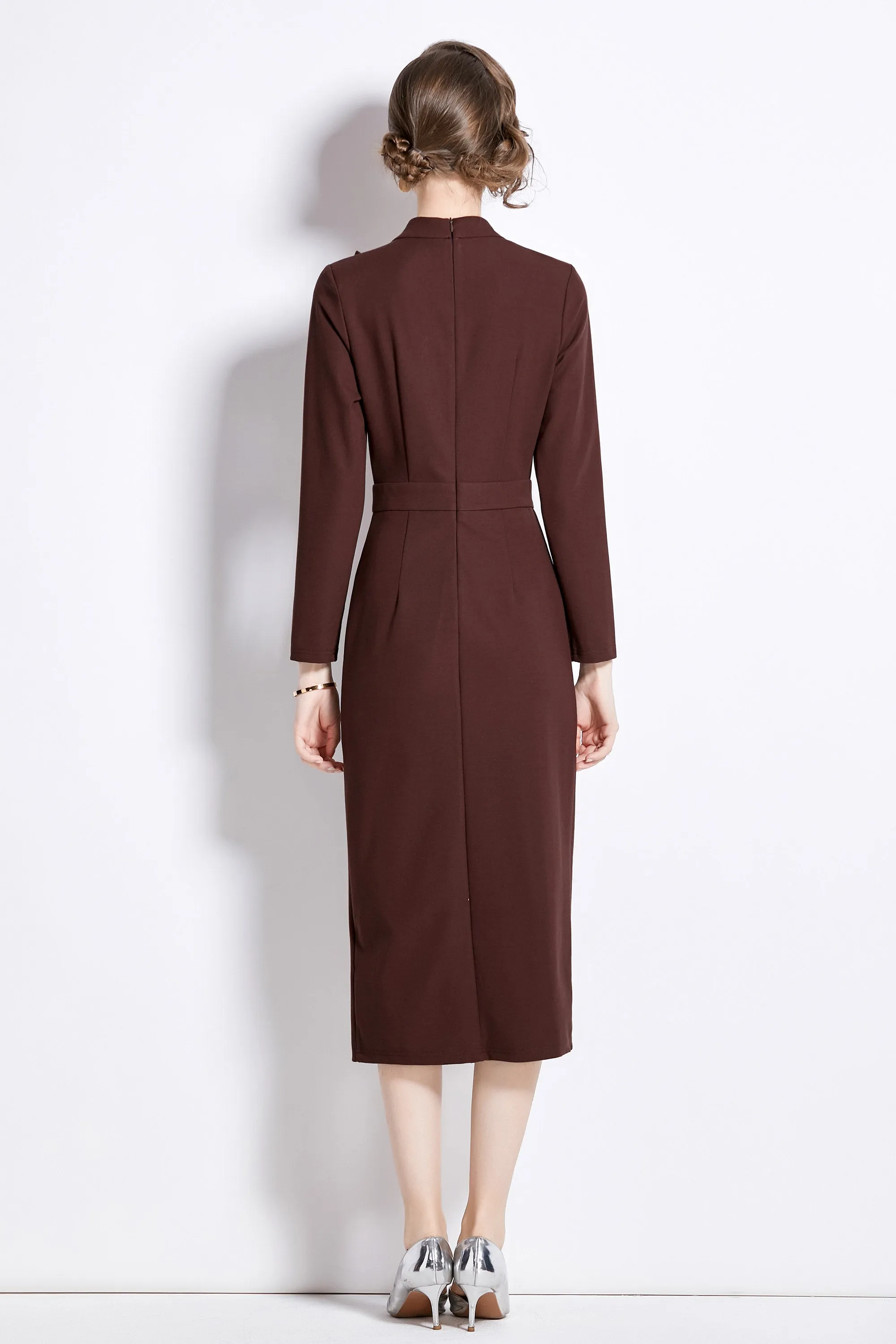 women's butterfly knot Long sleeve button split hem dress with pocket