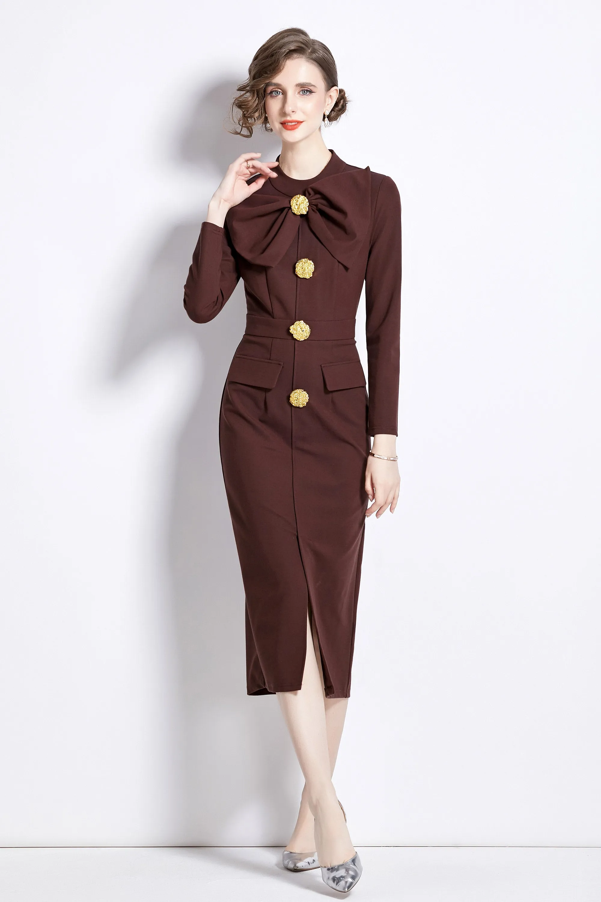 women's butterfly knot Long sleeve button split hem dress with pocket