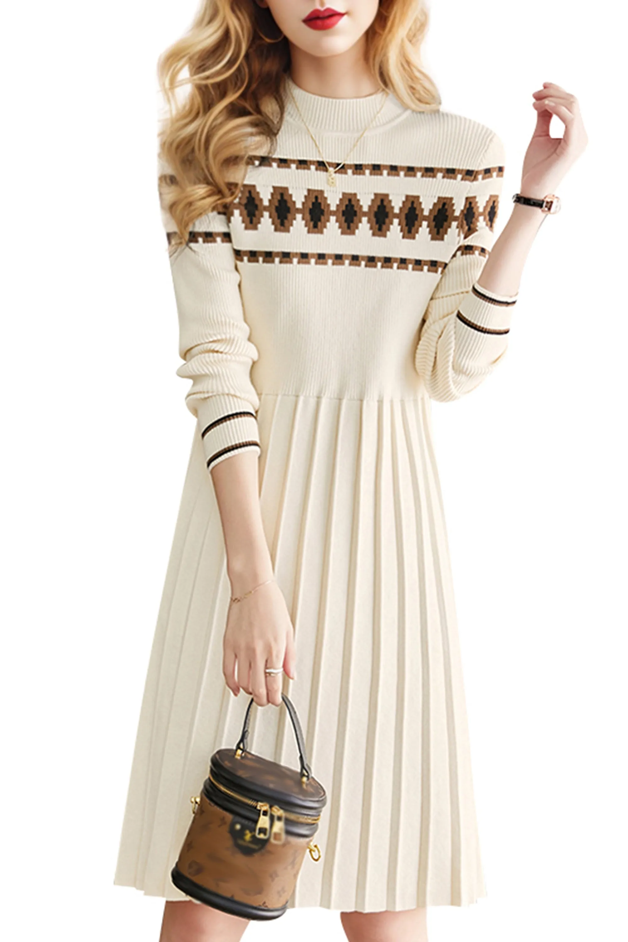 Women's  Knit Dress  Long Sleeve  Round Neck pleated Mini Dress